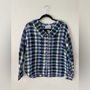 Angelique VTG Blue White Plaid Cottage Boho Western Peasant Button Blouse Wmen M